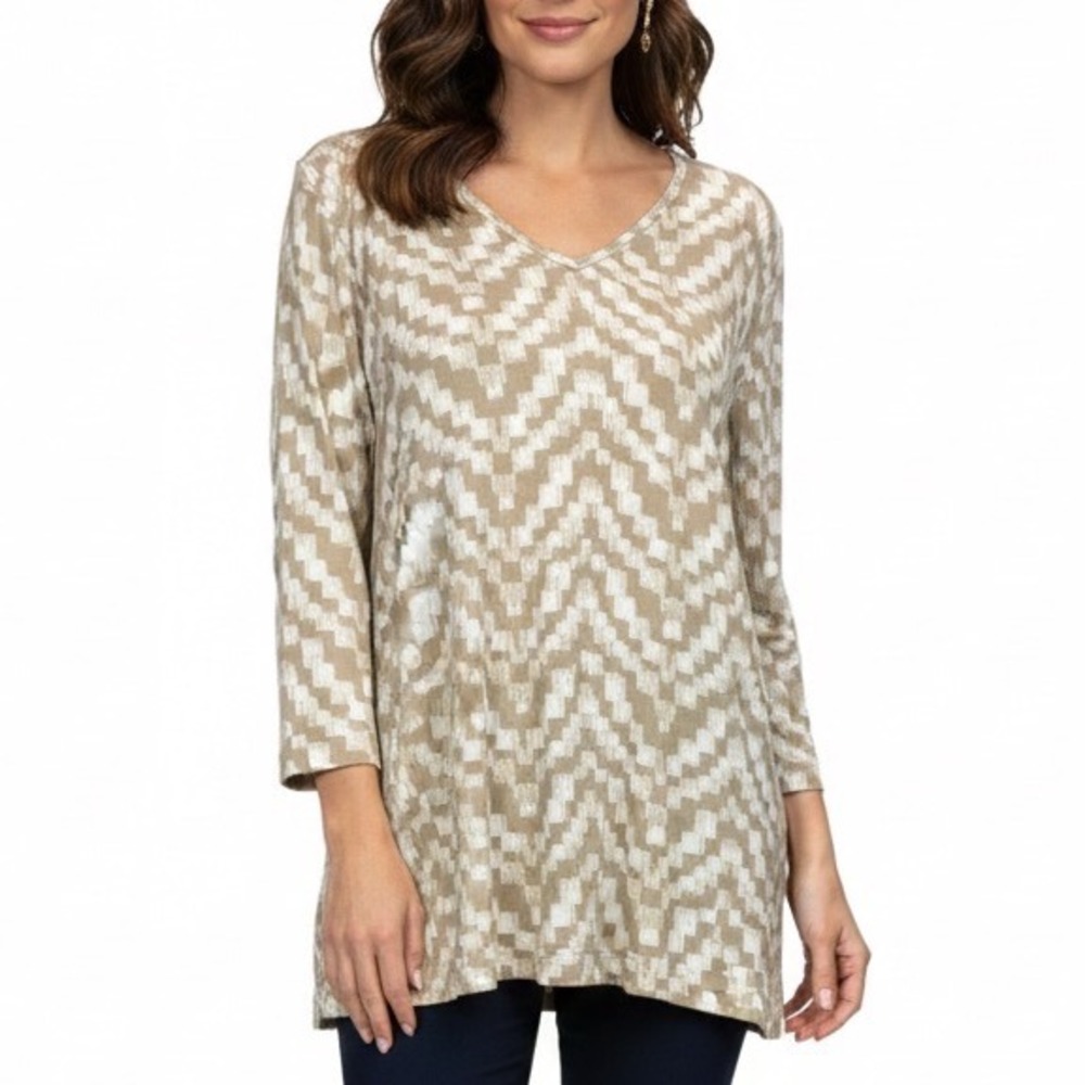 Chico's Travelers Beige Gold Chevron Geometric‎ Tunic V-Neck Top 2 Large 12